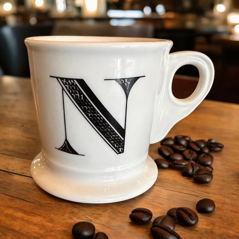 Anthropologie Coffee Tea Mug Cup monogram N White with Black Letter 12 oz
